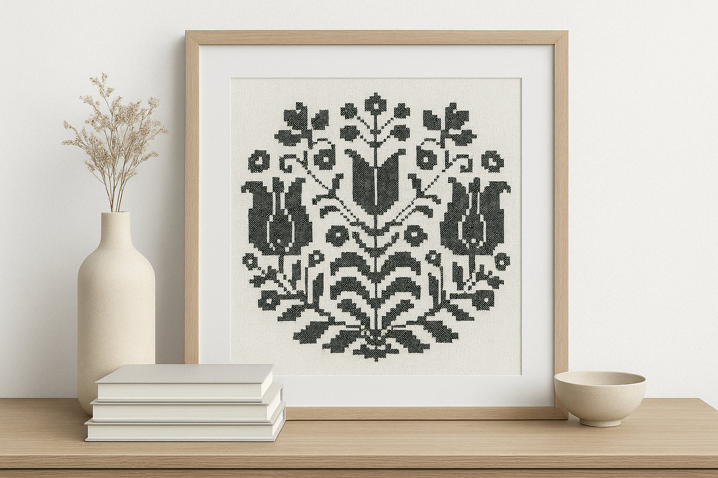 Black Folk Flowers Cross Stitch Pattern | Hungarian Folk Art Embroidery PDF